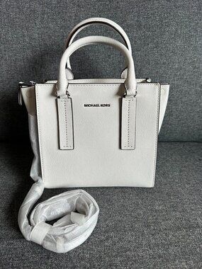 NWT! MK Michael Kors Alessa Medium Pebbled Leather Satchel Bag In White/Silver